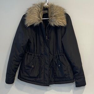 Forever Audrey Black Utility Jacket with Brown Faux Fur
